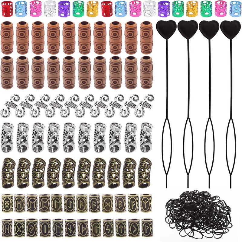 Keadic 299 Pcs 7 Style Viking Hair Beard Bead Assortment Kit Includes Dreadlocks Beads, Pull Hair Pin, Black Rubber Bands and Hair Extension Link Ring for Hair Braiding DIY Jewelry Decoration