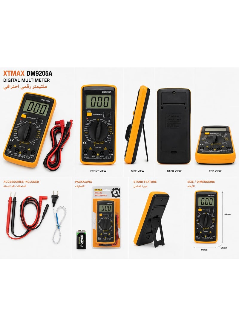 XTMAX DM9205A Digital Multimeter – AC/DC Voltage, AC Current, Resistance, Diode, Continuity & Transistor Tester with Test Leads - Image 2