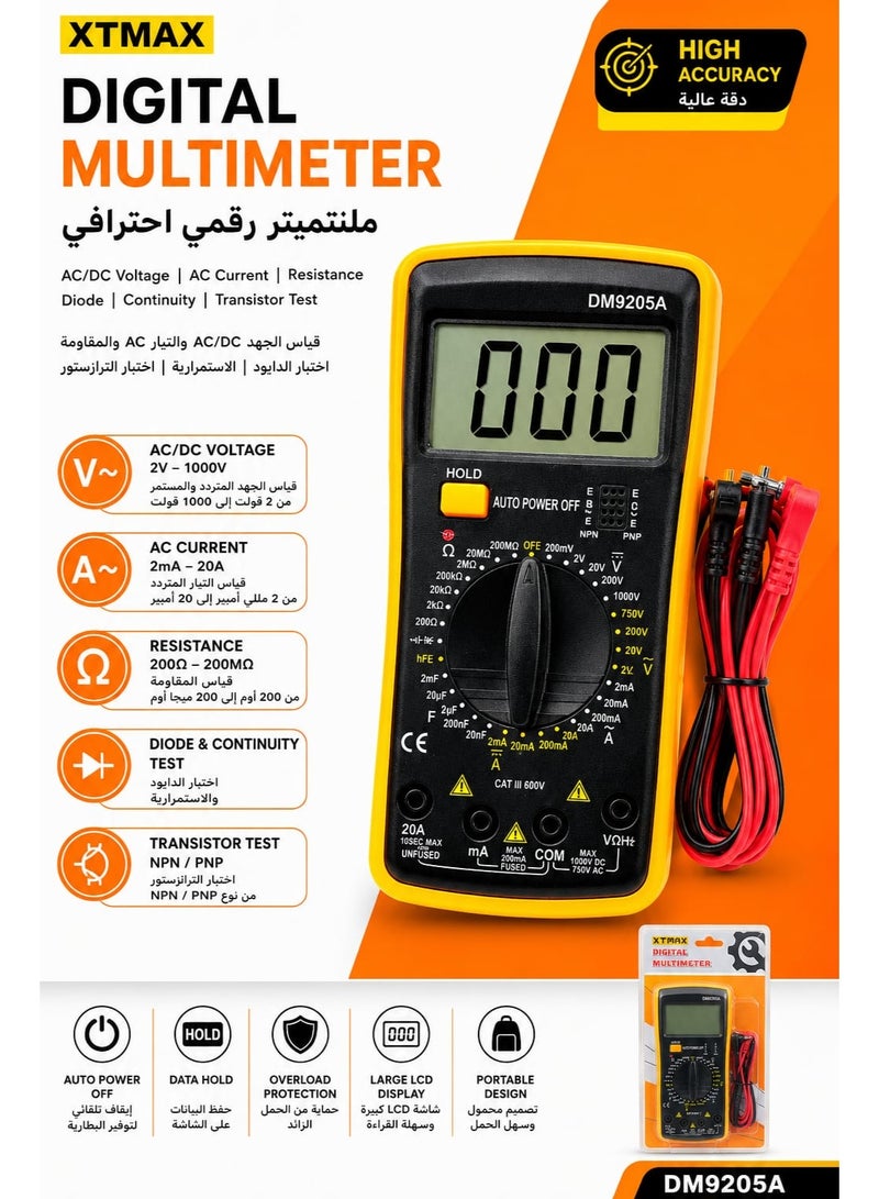 XTMAX DM9205A Digital Multimeter – AC/DC Voltage, AC Current, Resistance, Diode, Continuity & Transistor Tester with Test Leads - Image 1