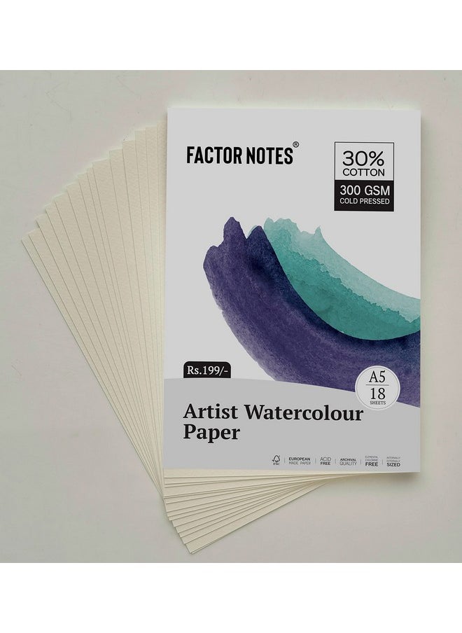 FACTOR NOTES FACTOR NOTES A5 Watercolour Sheet: 300 GSM|30% Cotton | 18 Sheets | Cold-Pressed|Acidfree, Watercolor  - Image 1