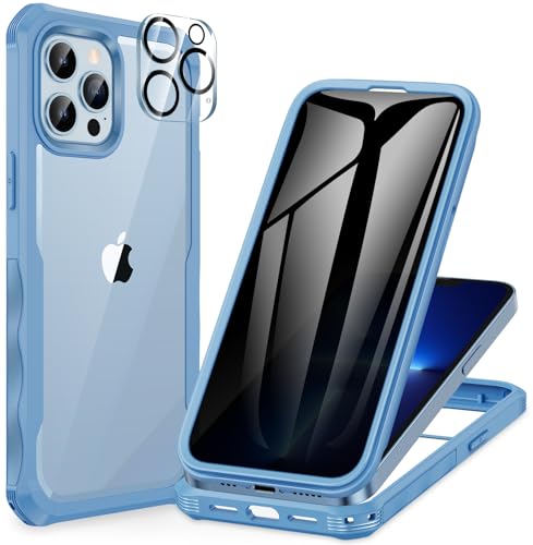 CENHUFO for iPhone 13 Pro Max Case, Privacy Phone Cover with Built-in Anti Peep Tempered Glass Privacy Screen Protector and Camera Protective, Full Body Shockproof Spy Clear Double Bumper - Blue - Image 1