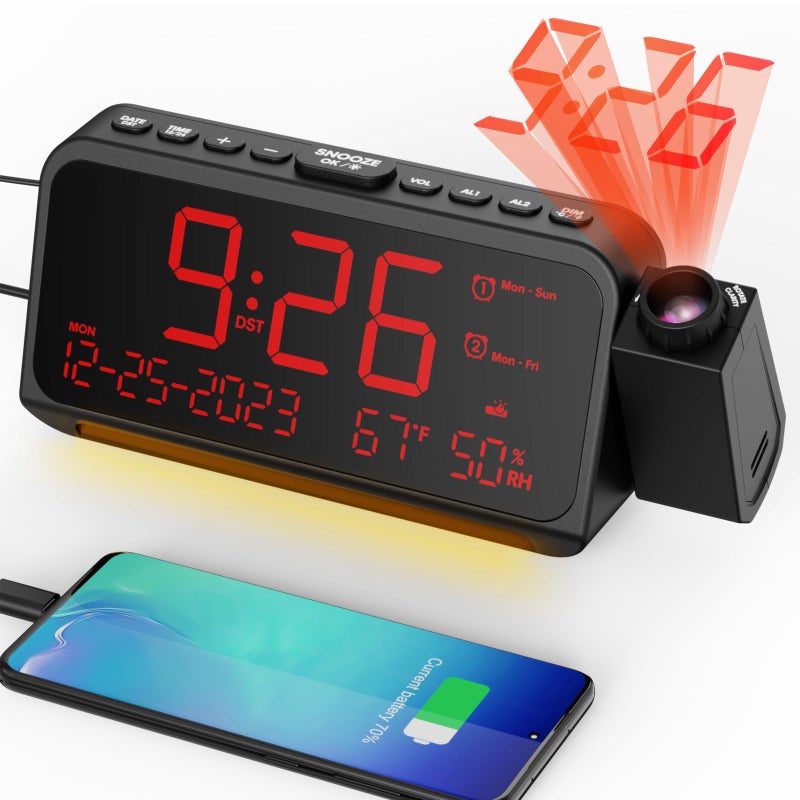 Projection Alarm Clock for Bedroom Ceiling Digital Clock Projector with WeekdayWeekend Mode Date Temperature Humidity TypeC USB Charger Night Light Dual Alarms DST Dimmer1224H