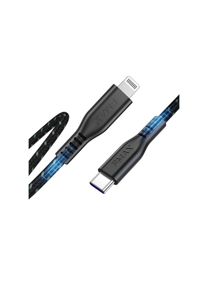 اف ماكس كيبل USB C الى لايتنينج [معتمد من ابل]، سلك شاحن سريع 30 واط من النوع C الى لايتنينج [مغطى بالنايلون] مع موصل 8 دبابيس متوافق مع ايفون 14/13/12 برو ماكس/11/XS/XR/X/8/SE/ايباد (اسود، 1.2 متر/4 قدم) - Image 1