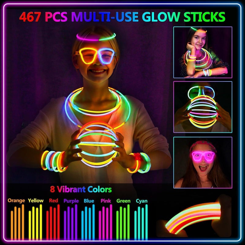 BUDI 467Pcs Glow Sticks New Years Eve Party Supplies Party Favors for Kids Adult Glow in the Dark 4th of July Accessories Neon Decors Necklaces Glowsticks Bulk 8 Colors 8" with Glasses Connectors - Image 3