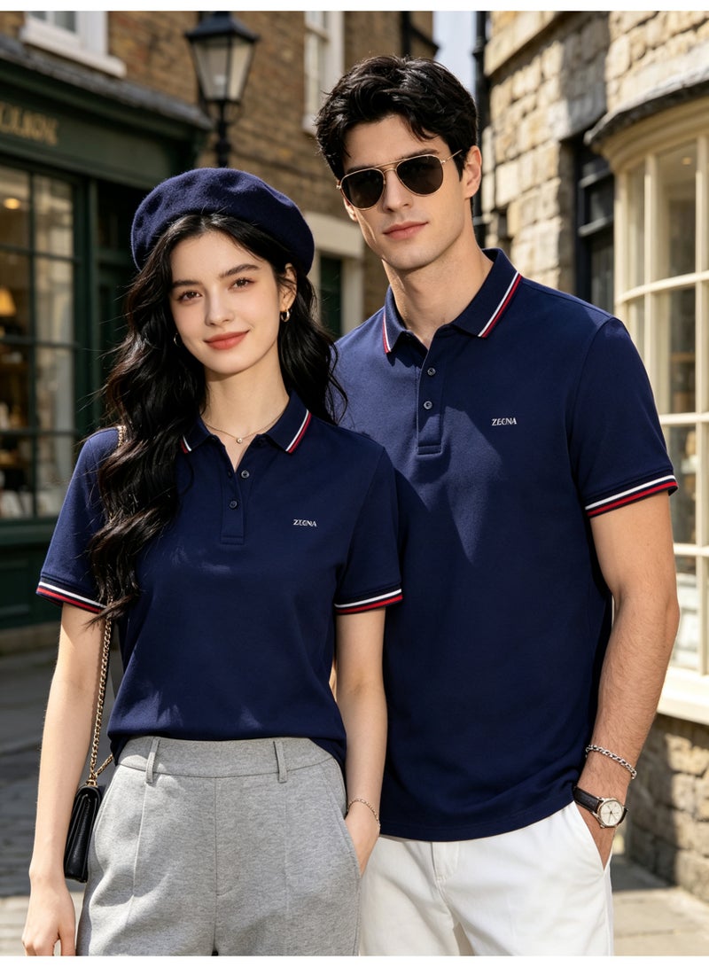 ZEGNA Unisex Short Sleeve Polo Shirt, Striped Collar Cuff, Casual Business Top, Navy Blue - Image 5