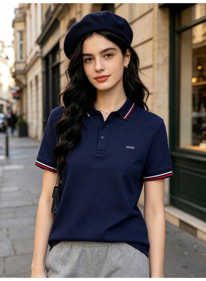 ZEGNA Unisex Short Sleeve Polo Shirt, Striped Collar Cuff, Casual Business Top, Navy Blue - Image 3