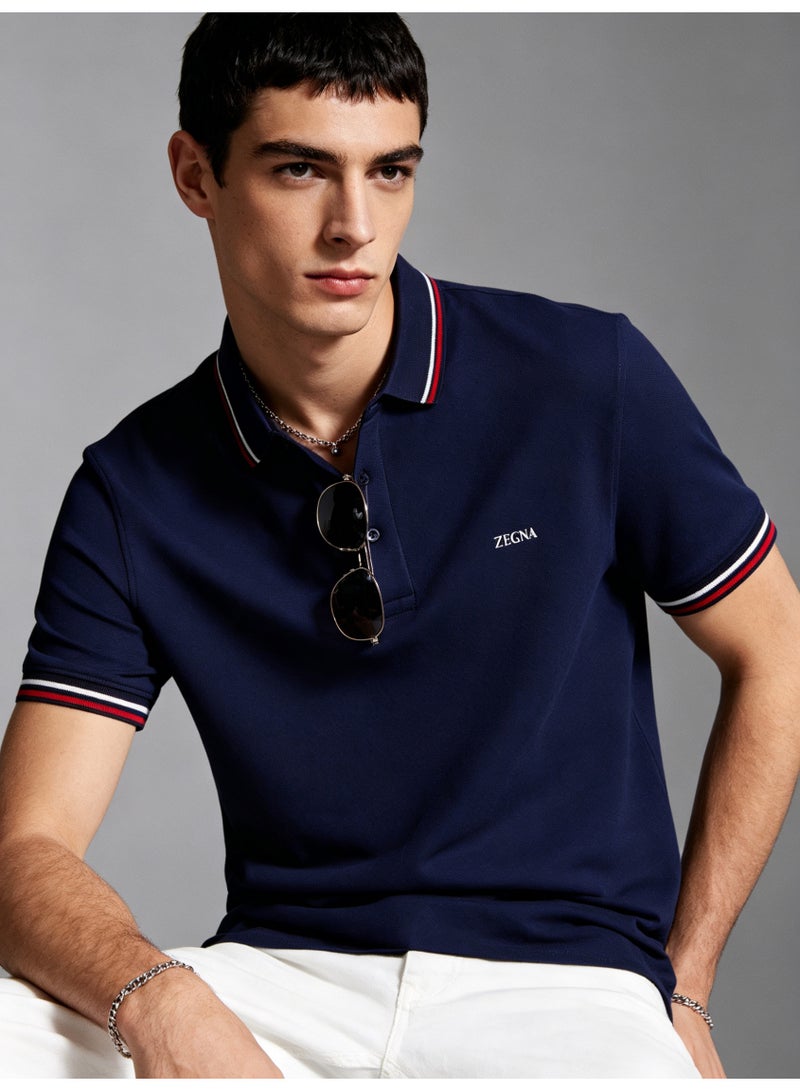 ZEGNA Unisex Short Sleeve Polo Shirt, Striped Collar Cuff, Casual Business Top, Navy Blue - Image 2