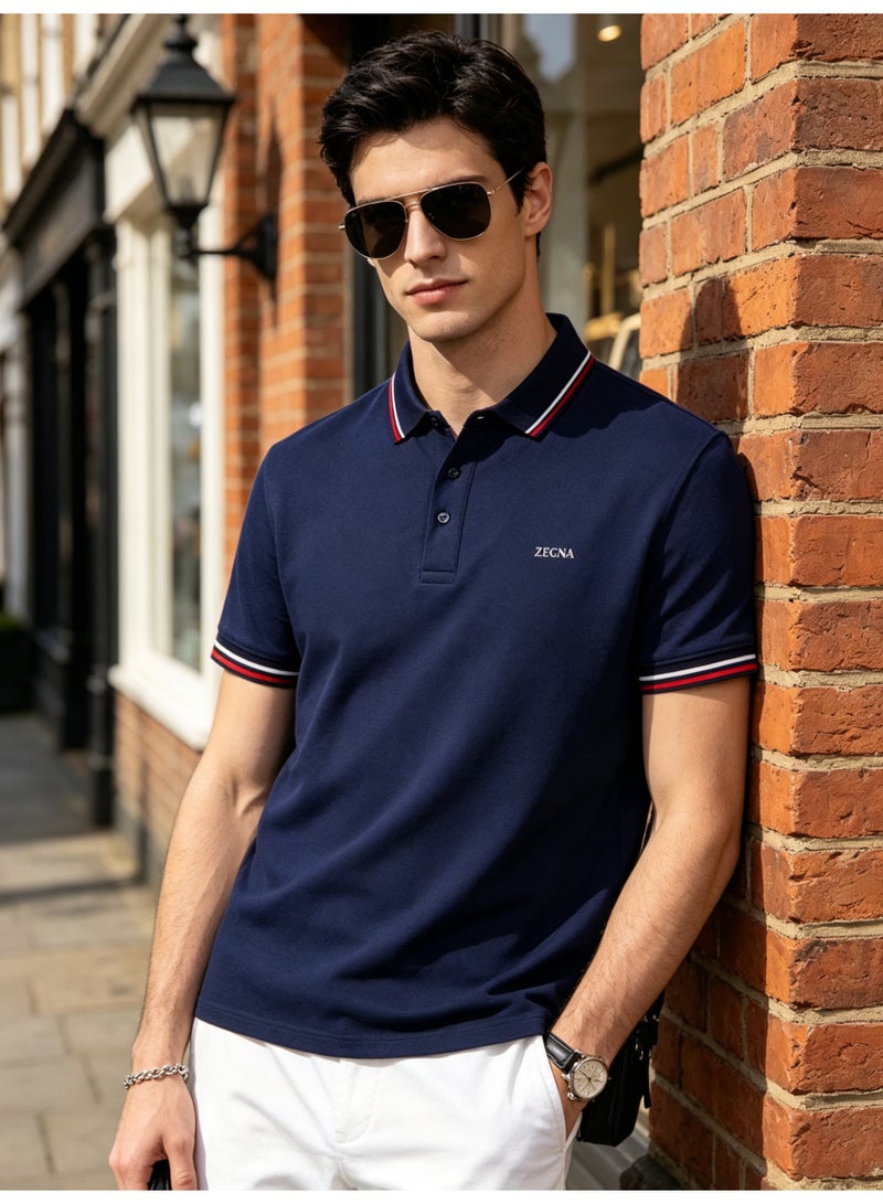 ZEGNA Unisex Short Sleeve Polo Shirt, Striped Collar Cuff, Casual Business Top, Navy Blue - Image 4