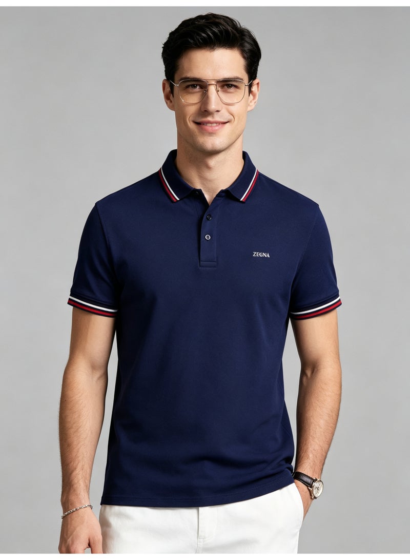 ZEGNA Unisex Short Sleeve Polo Shirt, Striped Collar Cuff, Casual Business Top, Navy Blue - Image 1