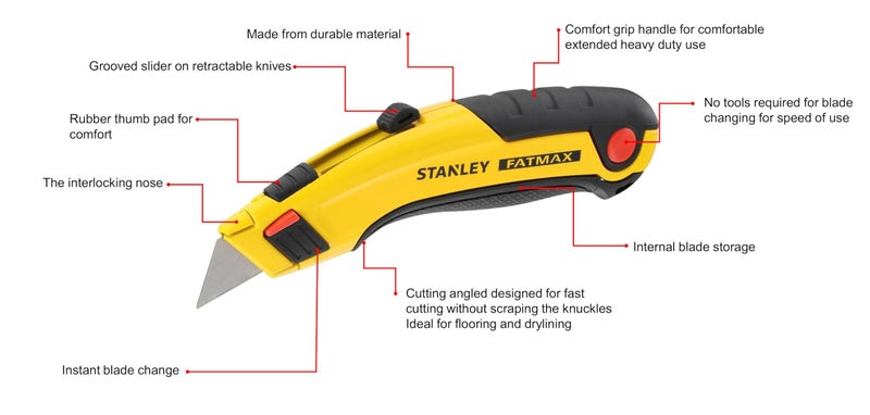 Stanley - FatMax STANLEY 0-10-778 FATMAX® RETRACTABLE Utility Knife With 5 Blades, Push-Button Blade Change For Quick,Tool-Free Blade Change, Contoured Handle With Soft Touch Panels, Interlocking Nose Design, Yellow - Image 5