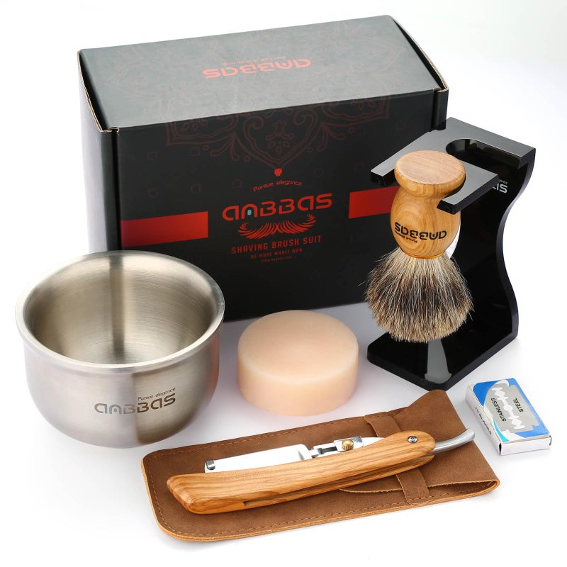 Anbbas Badger Shaving BrushStandShaving Soap and BowlStraight Razor with Bag10pcs Blades7in1 Kit for Men Close Shave