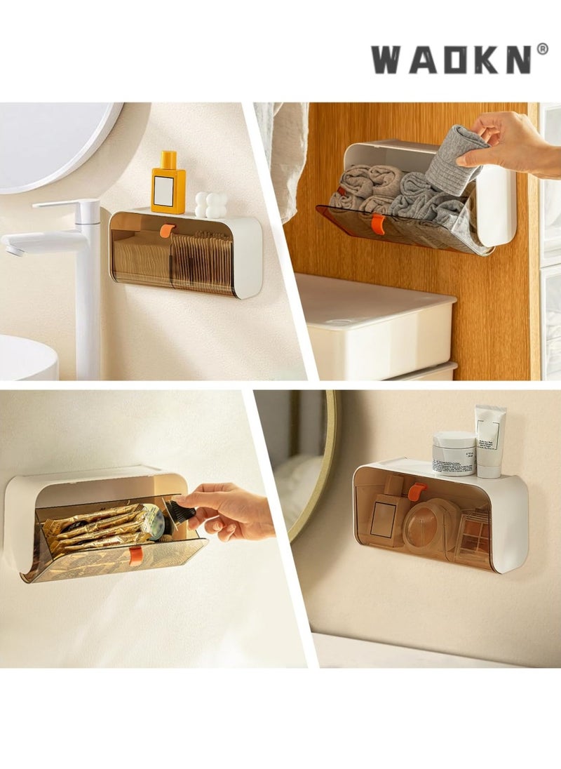 Wall-mounted light luxury transparent storage box with free division, multi-purpose for sanitary napkins and cosmetics, equipped with a convenient open-and-close lid（brown）