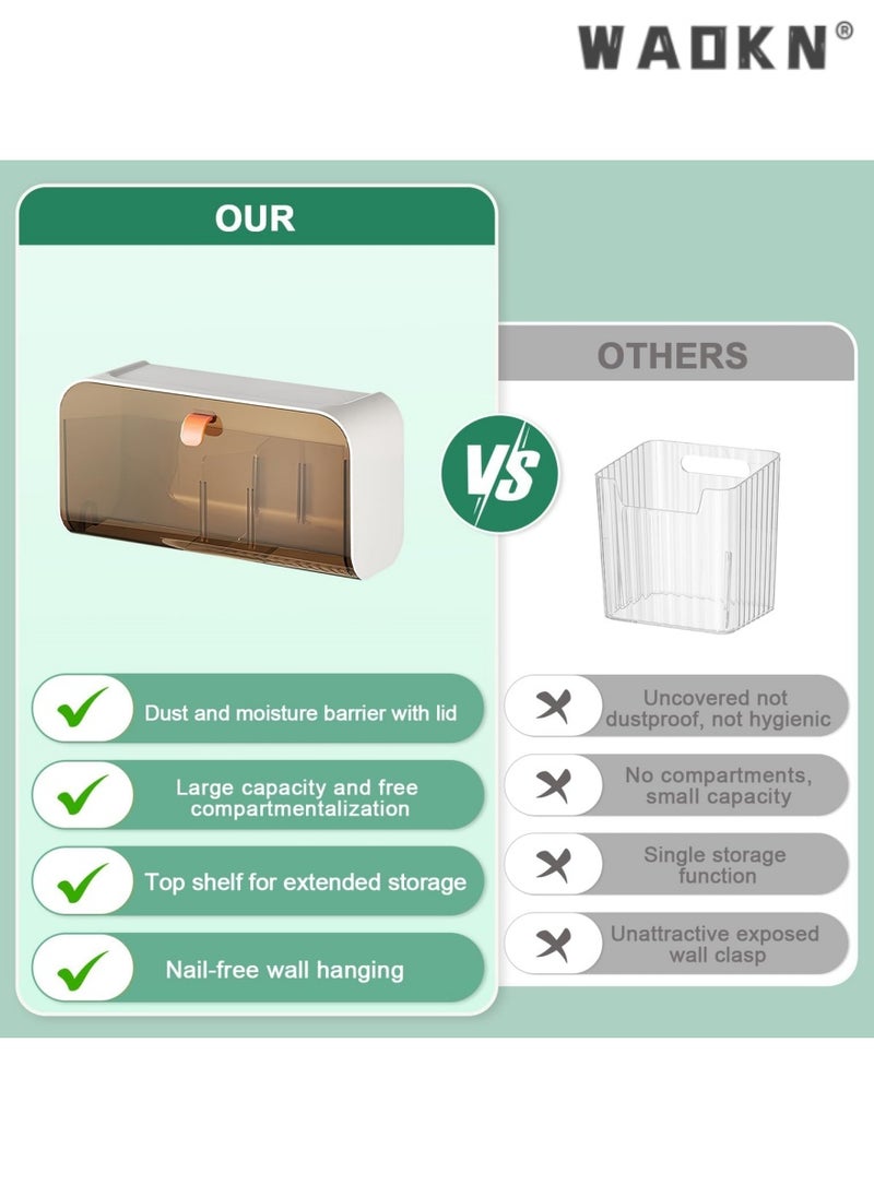 Wall-mounted light luxury transparent storage box with free division, multi-purpose for sanitary napkins and cosmetics, equipped with a convenient open-and-close lid（brown）