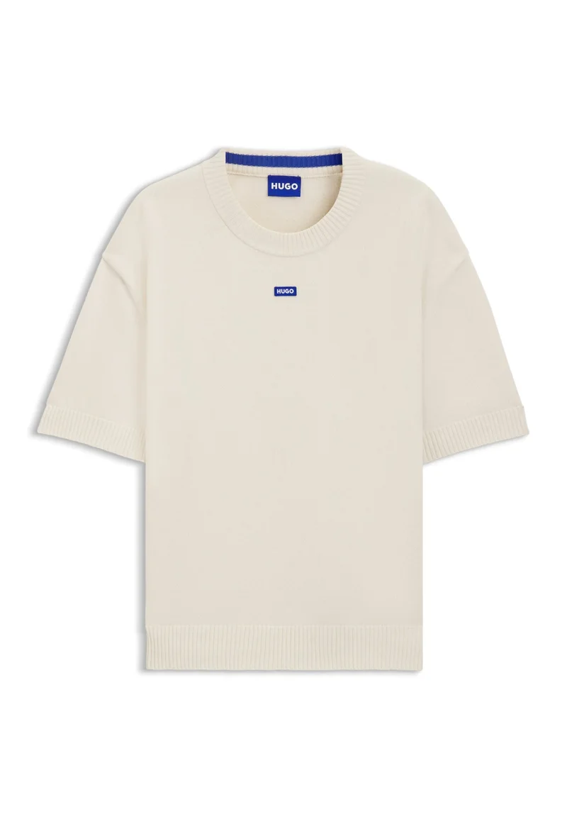 HUGO Open White Knit sweater with short sleeves and blue logo badge for Men | Best Price UAE