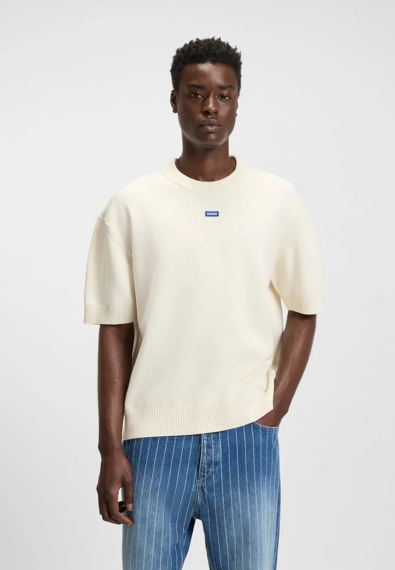 HUGO Open White Knit sweater with short sleeves and blue logo badge for Men | Best Price UAE
