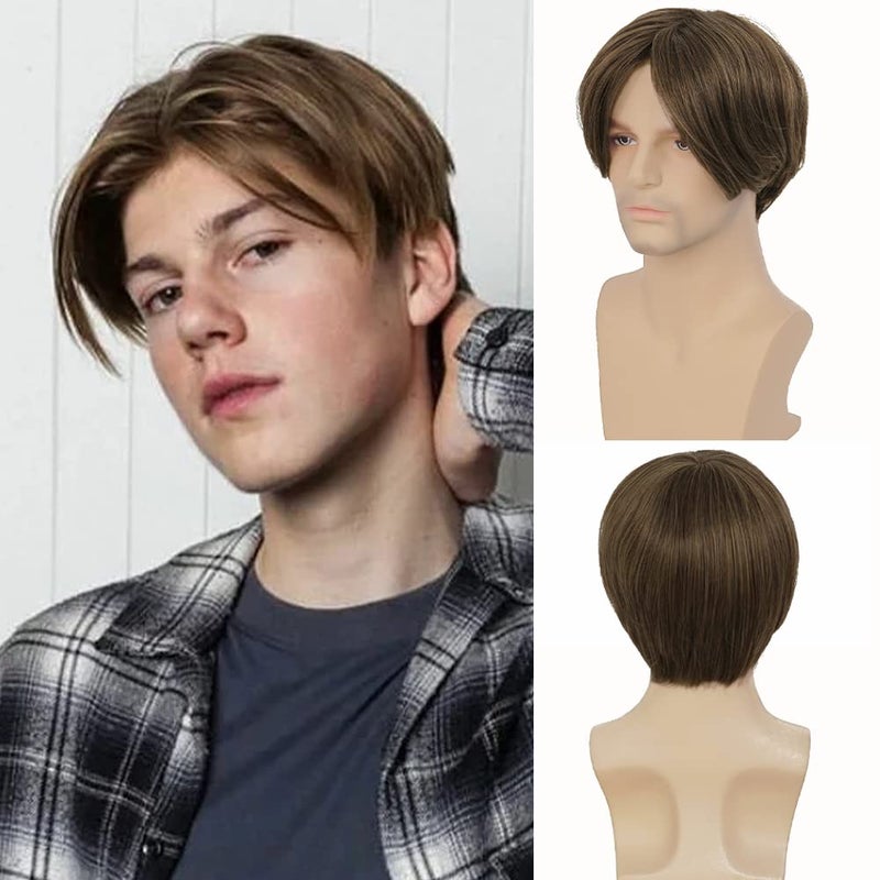 باروكة قصيرة بنية للرجال من شعر صناعي مع جزء وسطي