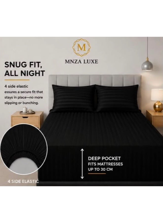 MNZA LUXE طقم ملاءة سرير مايكروفايبر مخططة بخطوط 1 سم، ملاءة سرير مطاطية واحدة + غطاءا وسادتين | فائقة النعومة، قابلة للتنفس ومقاومة للتجاعيد | أسود - Image 1