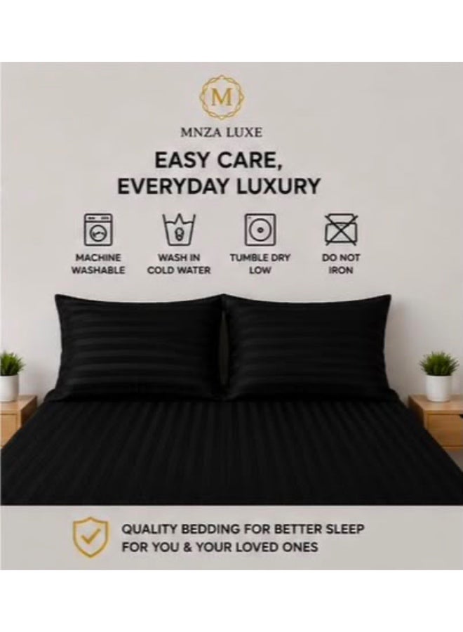 MNZA LUXE طقم ملاءة سرير مايكروفايبر مخططة بخطوط 1 سم، ملاءة سرير مطاطية واحدة + غطاءا وسادتين | فائقة النعومة، قابلة للتنفس ومقاومة للتجاعيد | أسود - Image 3