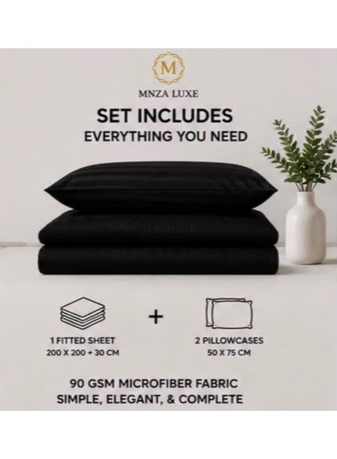 MNZA LUXE طقم ملاءة سرير مايكروفايبر مخططة بخطوط 1 سم، ملاءة سرير مطاطية واحدة + غطاءا وسادتين | فائقة النعومة، قابلة للتنفس ومقاومة للتجاعيد | أسود - Image 2