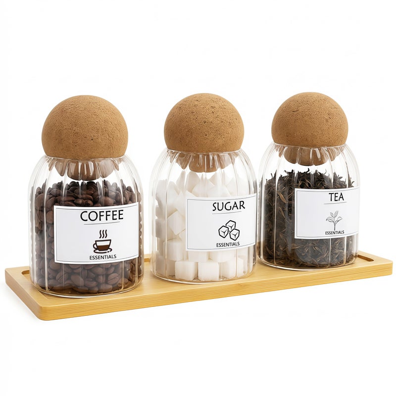 GYOSUGANG Glass Jar Storage Container with Ball Cork, 3PCS Round Glass Canisters with Tray & Labels, Small Glass Jars for Food Sugar Candy Coffee Tea Nuts - Style 2(500ml/17oz) - Image 1
