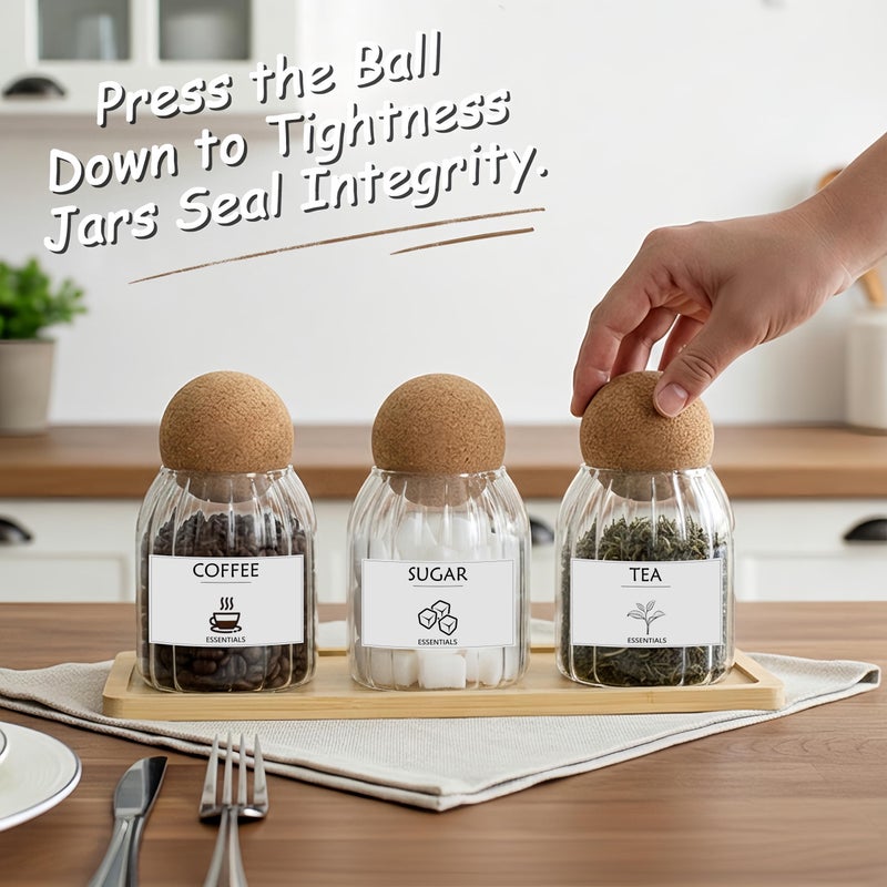 GYOSUGANG Glass Jar Storage Container with Ball Cork, 3PCS Round Glass Canisters with Tray & Labels, Small Glass Jars for Food Sugar Candy Coffee Tea Nuts - Style 2(500ml/17oz) - Image 2