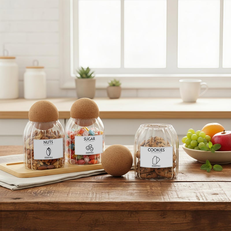 GYOSUGANG Glass Jar Storage Container with Ball Cork, 3PCS Round Glass Canisters with Tray & Labels, Small Glass Jars for Food Sugar Candy Coffee Tea Nuts - Style 2(500ml/17oz) - Image 3