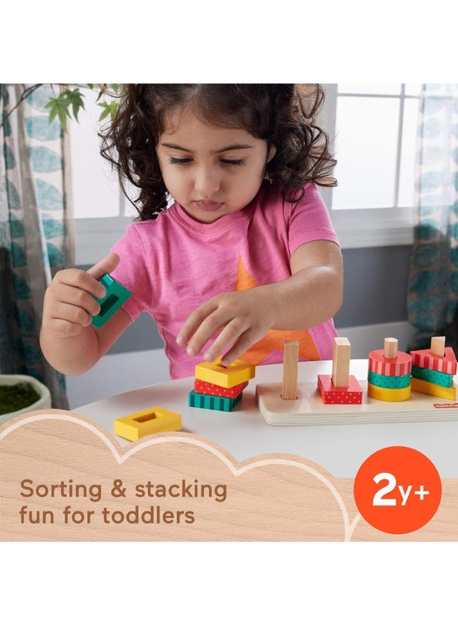 Fisher-Price Wooden Shape Stacker Toy for Toddlers, Wooden Sorting and Stacking Preschool Learning Toy with Colorful Shapes for Kids Age 2+ - Image 4