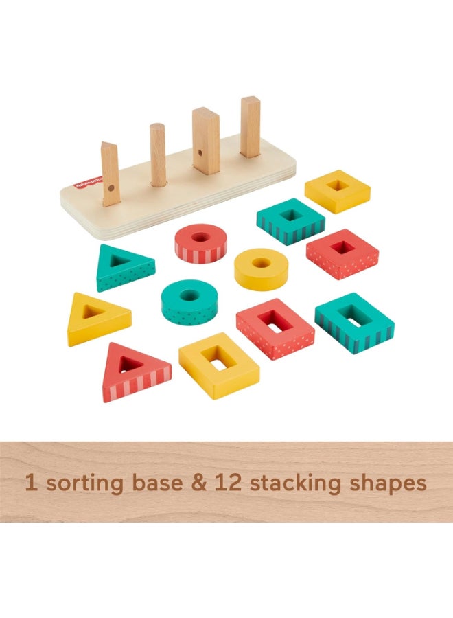 Fisher-Price Wooden Shape Stacker Toy for Toddlers, Wooden Sorting and Stacking Preschool Learning Toy with Colorful Shapes for Kids Age 2+ - Image 2