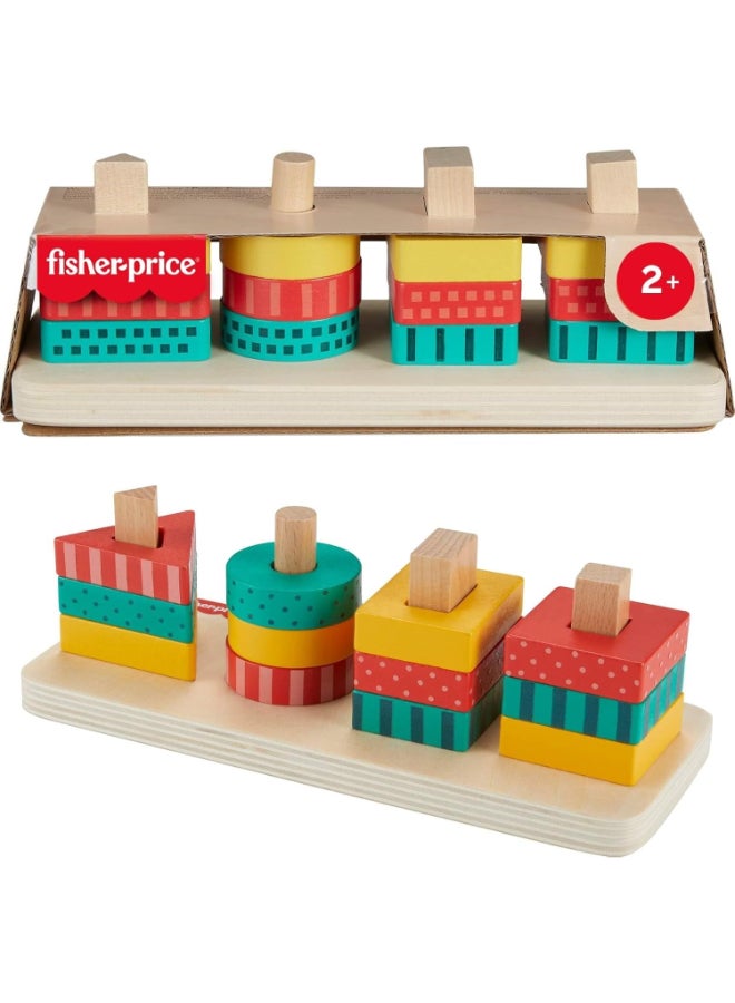 Fisher-Price Wooden Shape Stacker Toy for Toddlers, Wooden Sorting and Stacking Preschool Learning Toy with Colorful Shapes for Kids Age 2+ - Image 3
