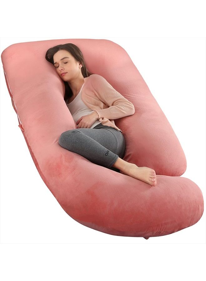 Elover Pregnancy Pillow U-Shaped Full Body Maternity Support Pillow for Pregnant Women with Replaceable and Washable Velvet Cover Size 60" (Velvet, Pink)  - Image 1