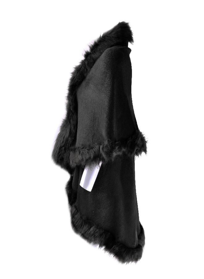 ZLYC Women Fine Knit Open Front Faux Fur Trim Layers Poncho Cape Cardigan Sweater (Black 2) - Image 3