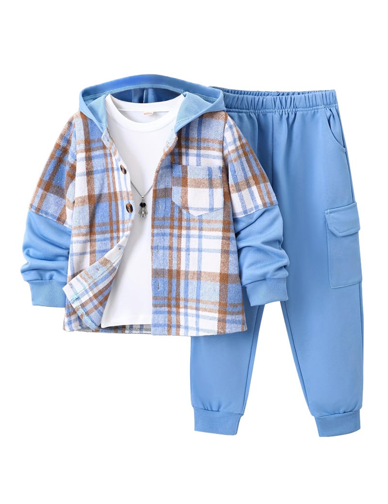 Fdqin Little Boy Clothes Flannel Plaid Hoodie Shirt and Casual Sweatpants Boys Fall Winter Spring Outfits Blue 4-5Year - Image 1