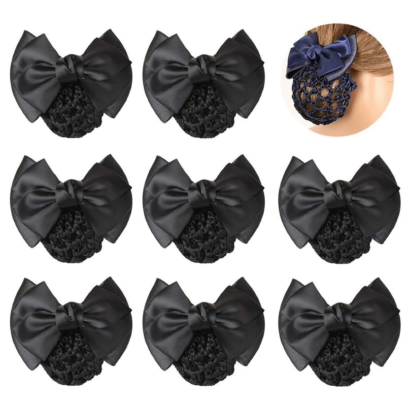 TXIN Hair Accessories  9 Pieces Satin Bow Crochet Barrette Clips Knit Mesh Hairnets for Women and Girls Nonslip Black Bun Covers