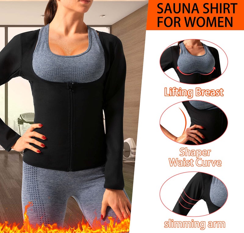 DYUAI Sauna Shirt for Women Sauna Suit for Women Waist Trainer Sauna Sweat Vest Workout Body Shaper Long Sleeve(6003-01-L) - Image 3