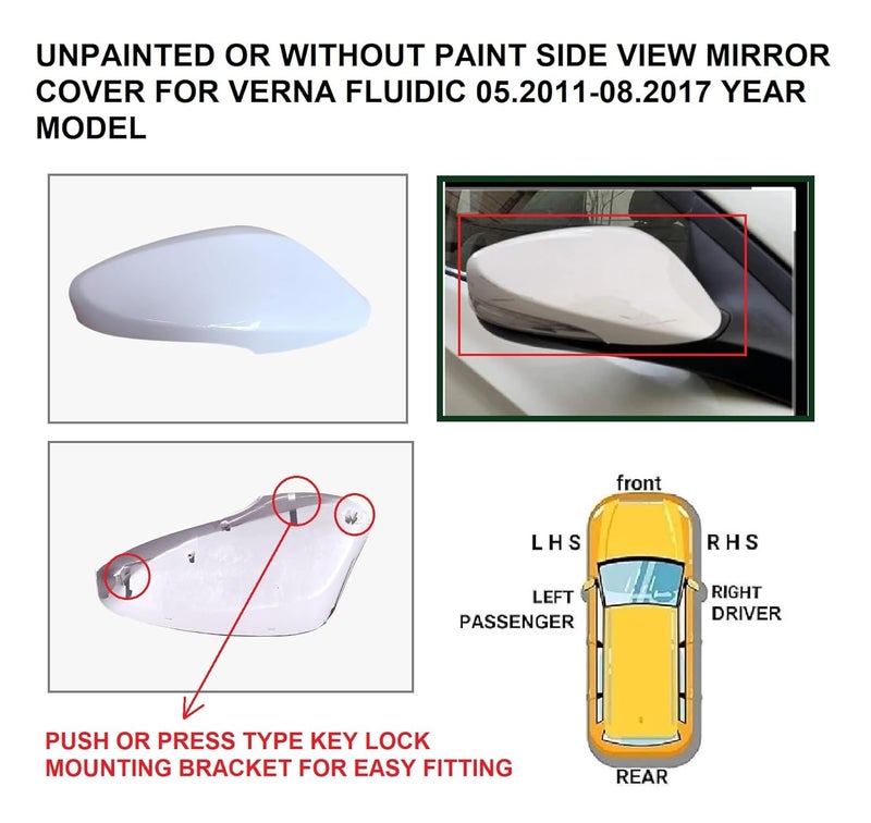 STYCARO ORVM Side view Mirror Cover/Cap compatible with Hundai Verna Fludic 2ND GEN 05.2011-08.2017 Year Model Type 3-UNPAINTED (RIGHT DRIVER SIDE) - Image 2