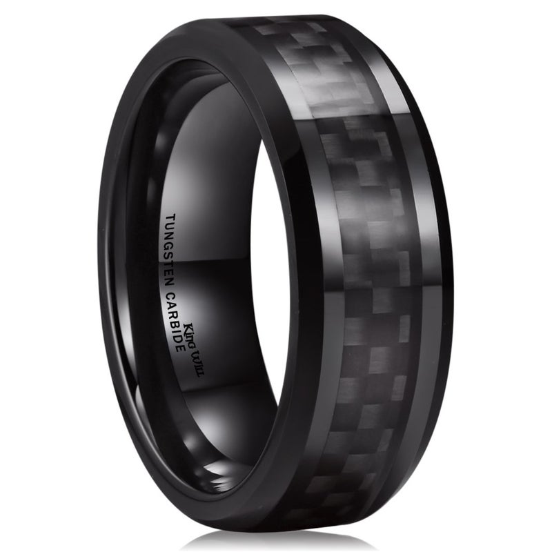 King Will 8mm Black Tungsten Carbide Rings for Men Men's Wedding Band with Grey Carbon Fiber Inlaid Beveled Edge High Polished Finish Gentleman Comfit Fit, Size 10 - Image 1