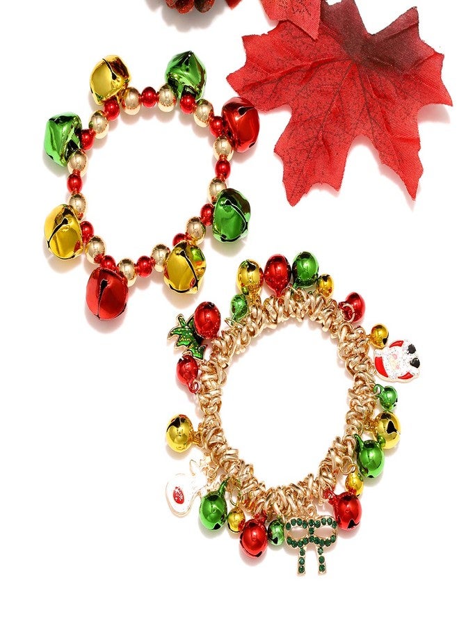 ARATLENCH Christmas Jingle Bell Bracelet Colorful Bow Snowman Xmas Tree Beaded Chram Stretch Bracelet Novelty Christmas Festival Holiday Jingle Bells Bracelets Set for Women - Image 4