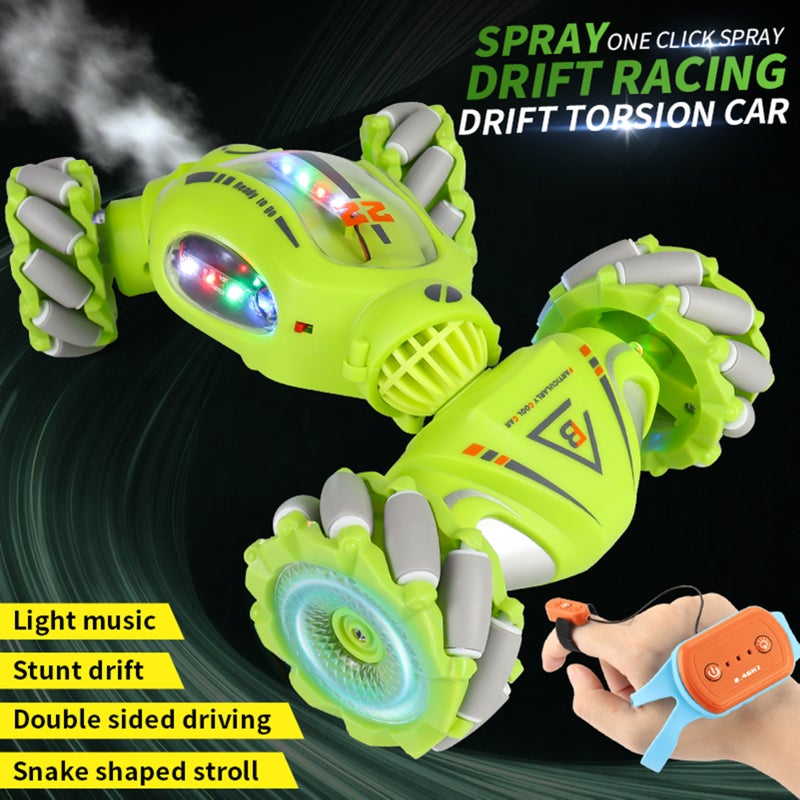 Remote Control Stunt Car 2.4GHz Remote Control Twist Car Remote Control Spray Car with Function Lateral Movement, Breathing Light, Deformation, Double-sided Driving, Wrist Watch-Dual Remote Control - Image 4