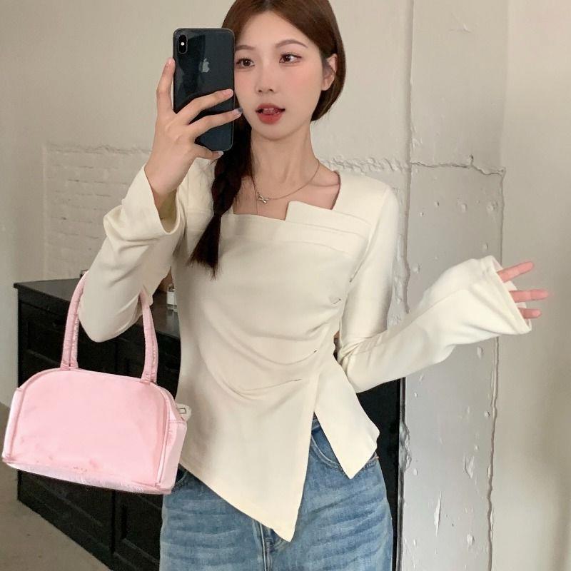 Maillard Spice Girls Chic Split Pleated Asymmetrical Slim-Fit Slimming Irregular Base Long-Sleeved T-Shirt - Image 4