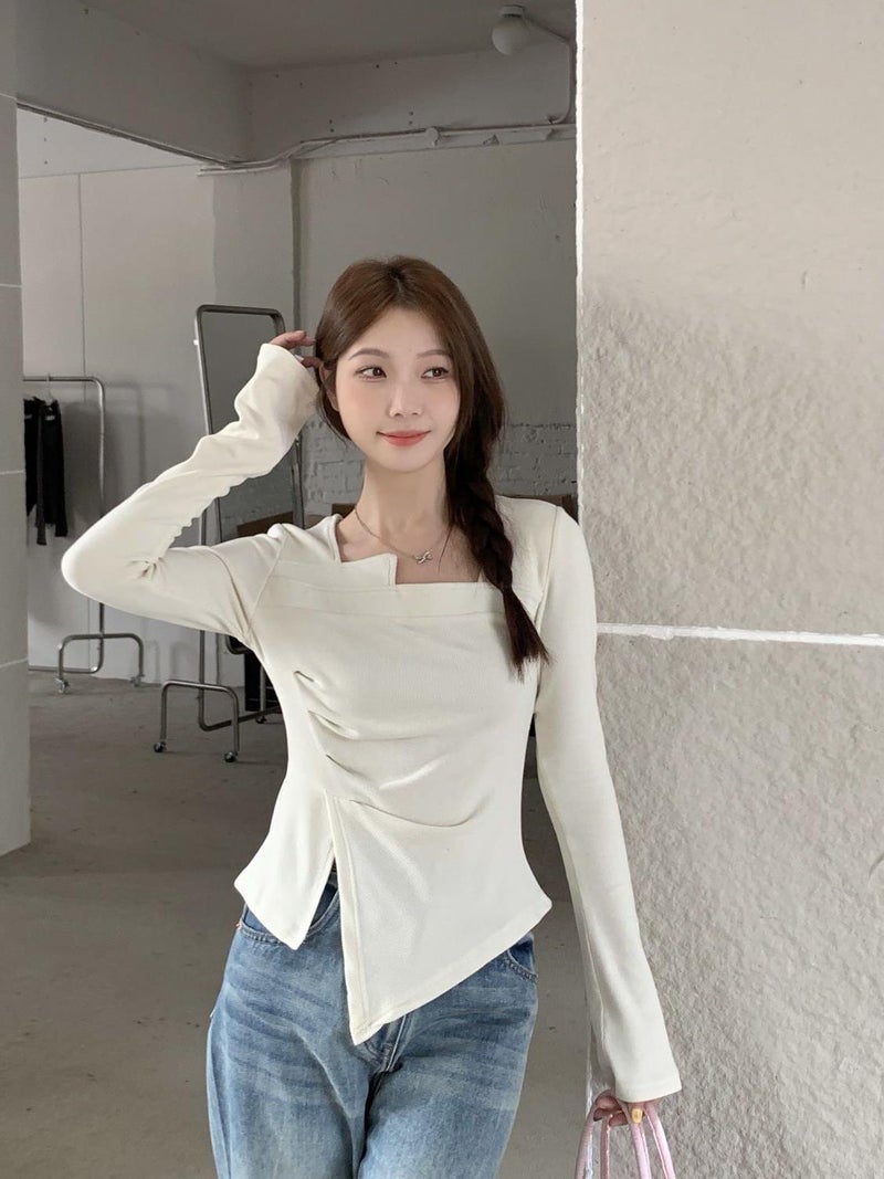 Maillard Spice Girls Chic Split Pleated Asymmetrical Slim-Fit Slimming Irregular Base Long-Sleeved T-Shirt - Image 5