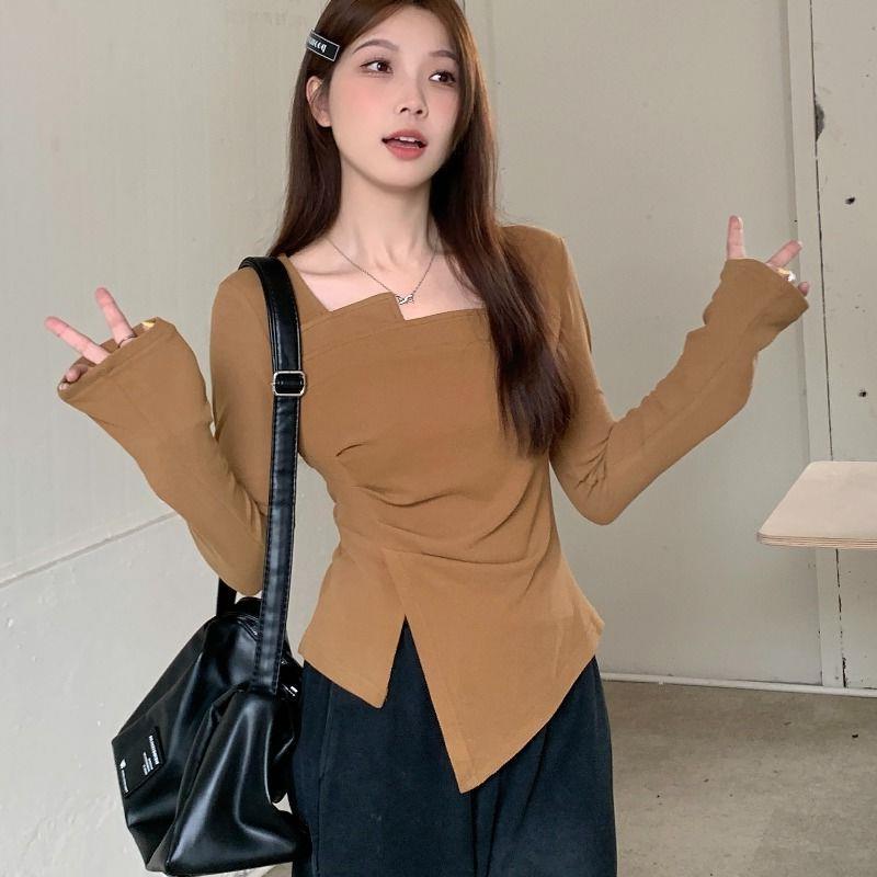 Maillard Spice Girls Chic Split Pleated Asymmetrical Slim-Fit Slimming Irregular Base Long-Sleeved T-Shirt - Image 3