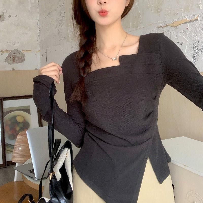 Maillard Spice Girls Chic Split Pleated Asymmetrical Slim-Fit Slimming Irregular Base Long-Sleeved T-Shirt - Image 2