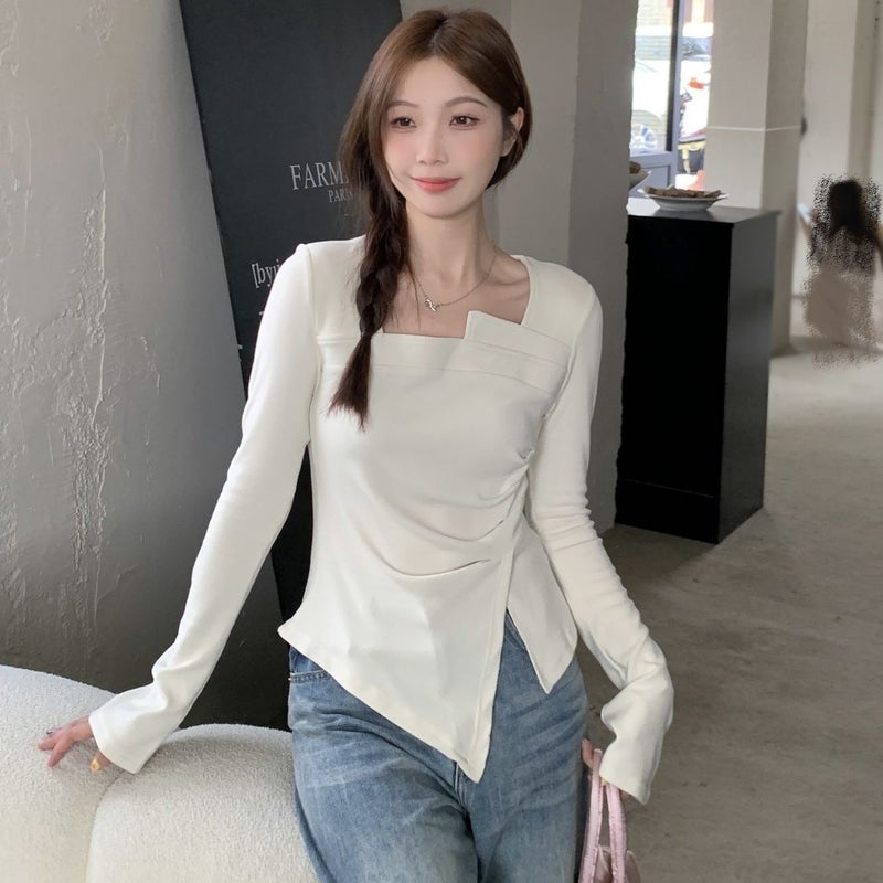 Maillard Spice Girls Chic Split Pleated Asymmetrical Slim-Fit Slimming Irregular Base Long-Sleeved T-Shirt - Image 1