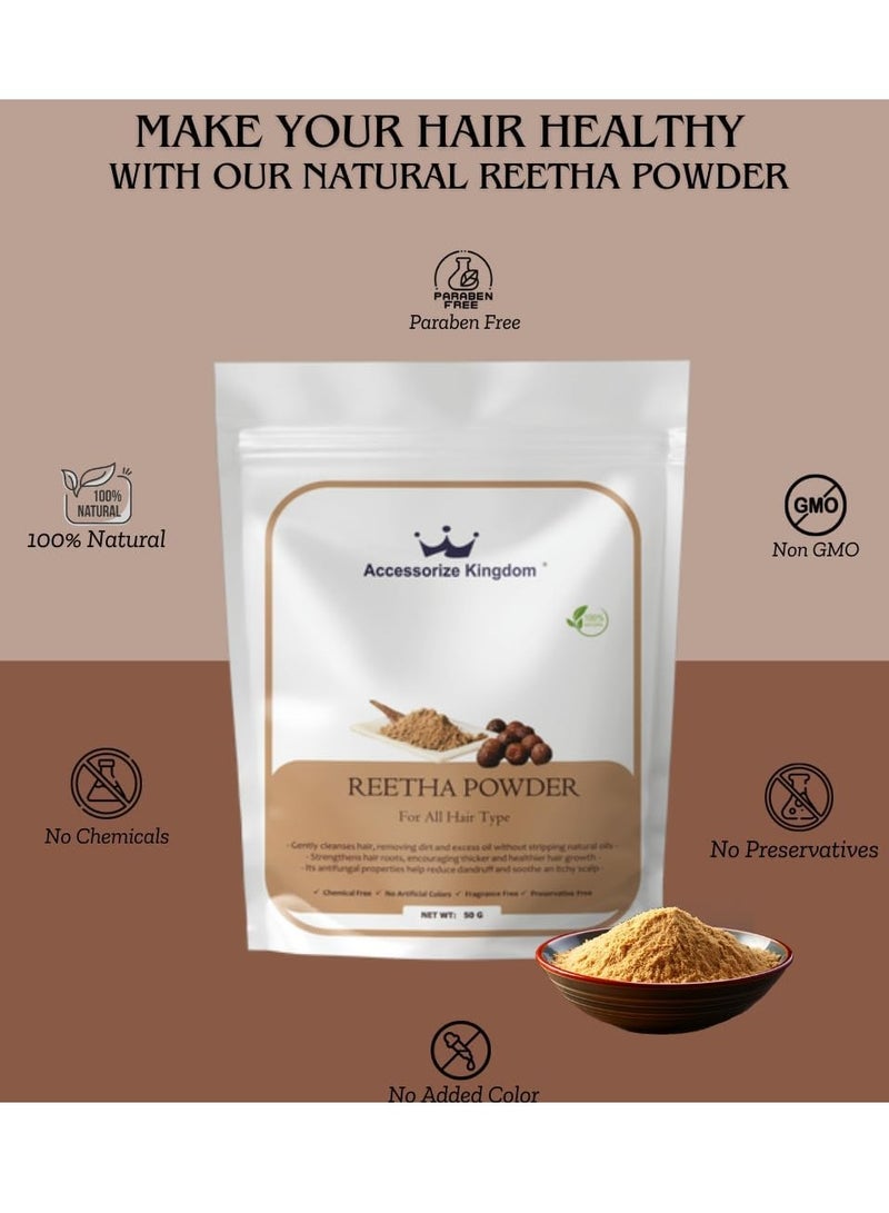 مملكة الإكسسوارات مسحوق ريثا (٥٠ غرامًا) - طبيعي ونقي ١٠٠٪ | مناسب للشعر والبشرة | ينظف الشعر بلطف، ويزيل الأوساخ والزيوت الزائدة | يقوي جذور الشعر، ويعزز نموه، ويهدئ فروة الرأس - Image 2