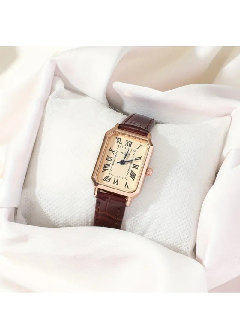 JUSMI Casual Rectangle Pointer Quartz Watch Rome Fashion Analog Retro PU Leather Wrist Watch For Women Female - Image 2