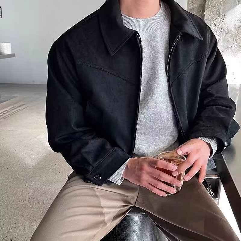 Cross-border in stock Maillard Wear American Style Retro Brown brown Suede Jacket Mens Spring and Autumn Short Bomber Jacket Brown - Image 2