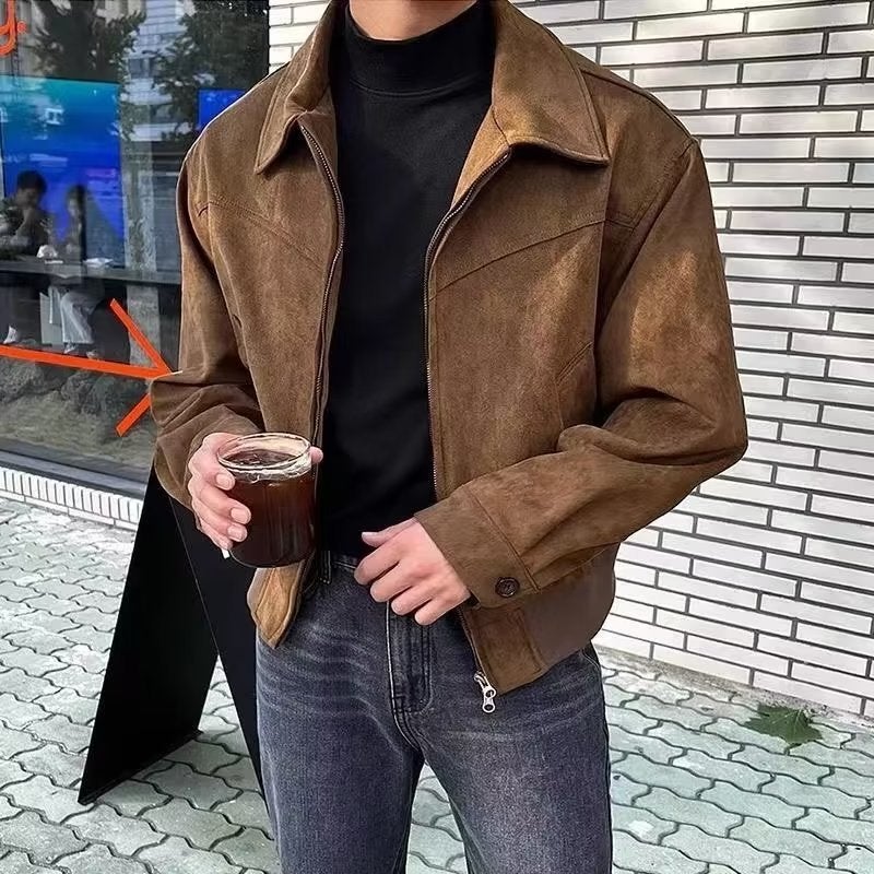 Cross-border in stock Maillard Wear American Style Retro Brown brown Suede Jacket Mens Spring and Autumn Short Bomber Jacket Brown - Image 4