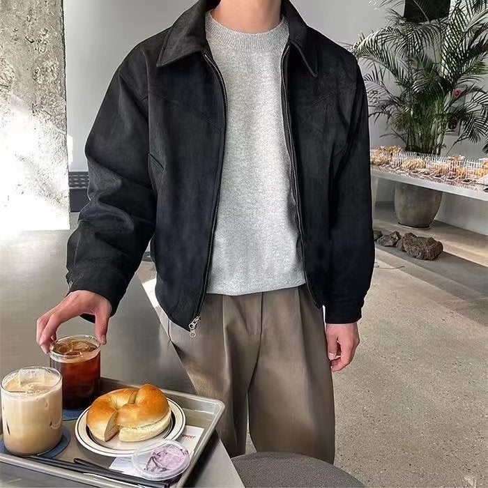 Cross-border in stock Maillard Wear American Style Retro Brown brown Suede Jacket Mens Spring and Autumn Short Bomber Jacket Brown - Image 3