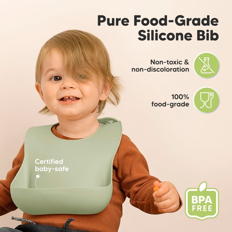 KeaBabies 2-Pack Silicone Baby Bibs for Eating - Sturdy Food-Grade Silicone Bibs for Babies Girl, Boy, Large Food Catcher, Clean & Put On Easily, Waterproof Toddler Feeding Essentials (Sage) - Image 2