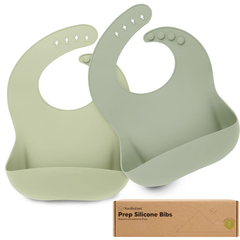 KeaBabies 2-Pack Silicone Baby Bibs for Eating - Sturdy Food-Grade Silicone Bibs for Babies Girl, Boy, Large Food Catcher, Clean & Put On Easily, Waterproof Toddler Feeding Essentials (Sage) - Image 1